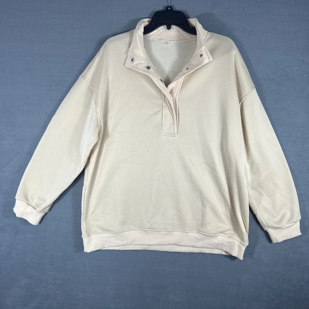 Women's XL Cream Quarter Snap Collared Pullover Sweatshirt Fleece Lined Relaxed